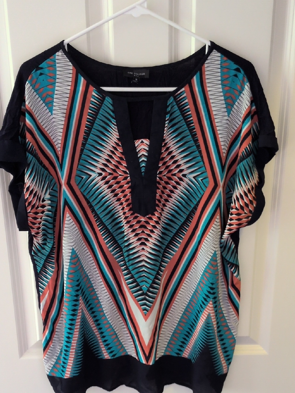 The Limited Multicolor Geometric V-Neck Blouse in Teal, Coral and Black
